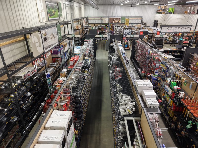Stocked hardware shelves inside the Hawley Wood store